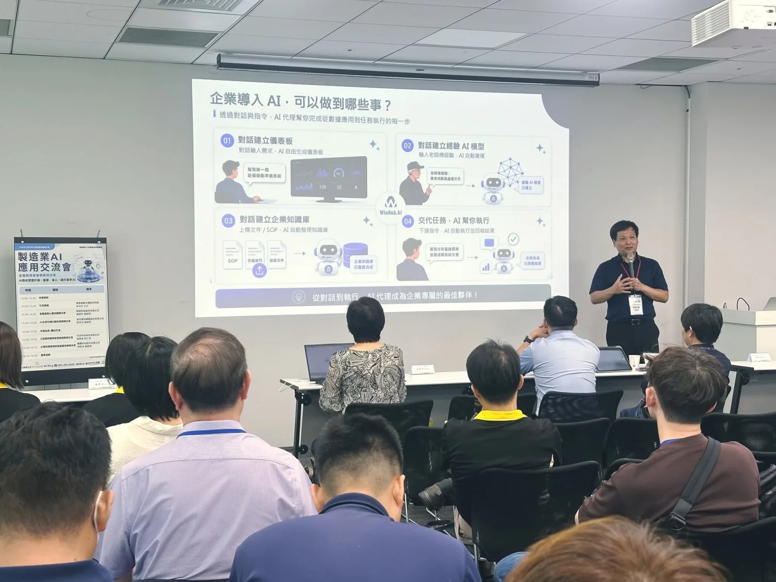 Slide titled "What can AI do for your business?": building dashboards, experience-based AI models and an enterprise knowledge base through conversation, and handing tasks to AI