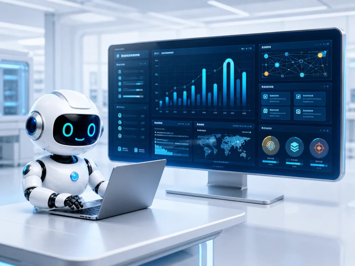 ノートパソコンで企業ナレッジ戦略ダッシュボードを分析するAIロボット