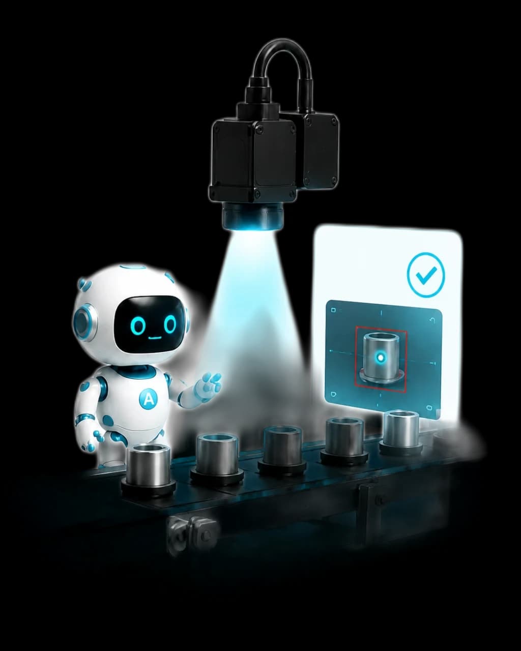 AI外観検査ロボットと産業用カメラ、金属ワークを搬送するコンベア