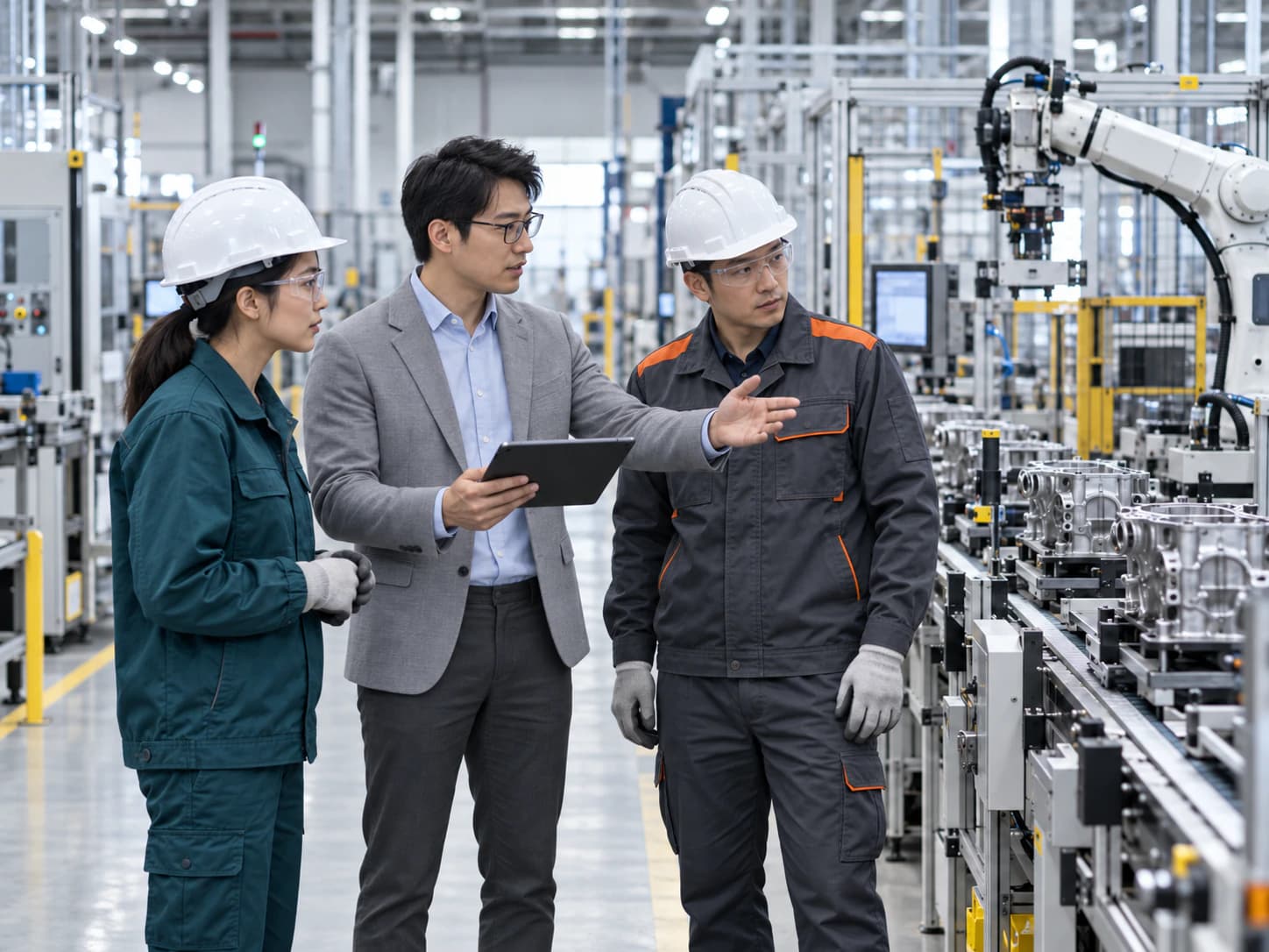 AI 顧問與製造業產線人員在工廠討論 AI 導入