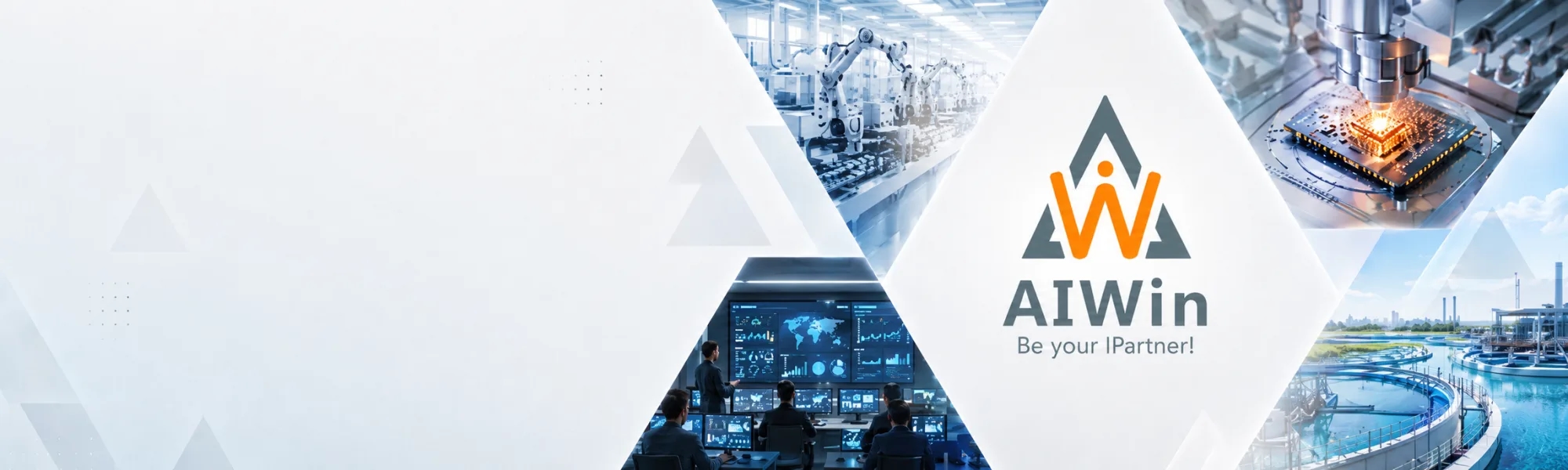 AIWin Technology brand banner featuring smart manufacturing lines, semiconductors, smart water management and other application settings