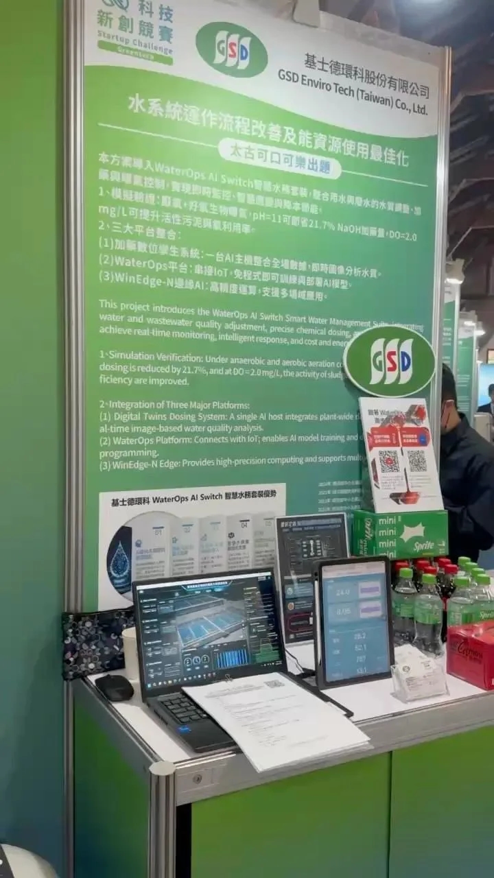 基士德環科(GSD Technologies)ブースの WaterOps AI Switch パネルと、水質モニタリング画面を映すノート PC とタブレット