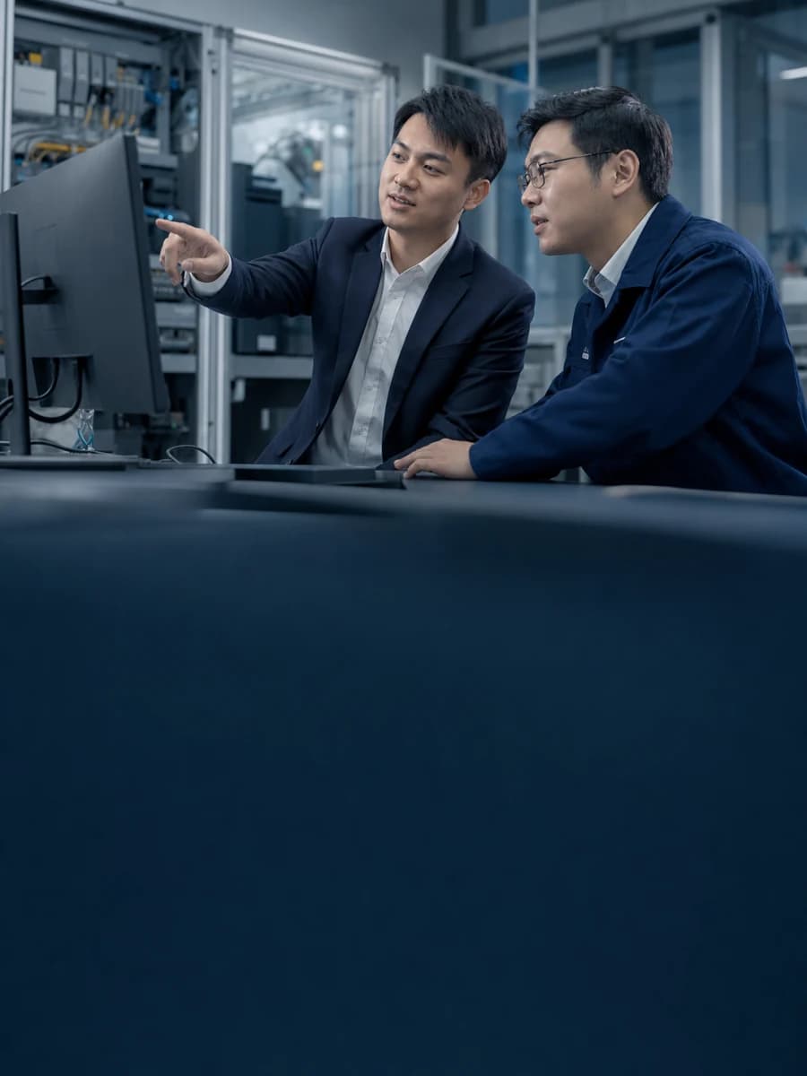 業務與工程人員在自動化測試區對著螢幕討論,進行售前技術驗證