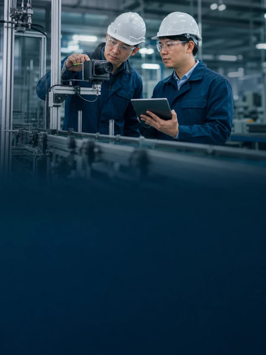 戴安全帽的工程師在產線旁架設檢測相機,並以平板確認導入設定