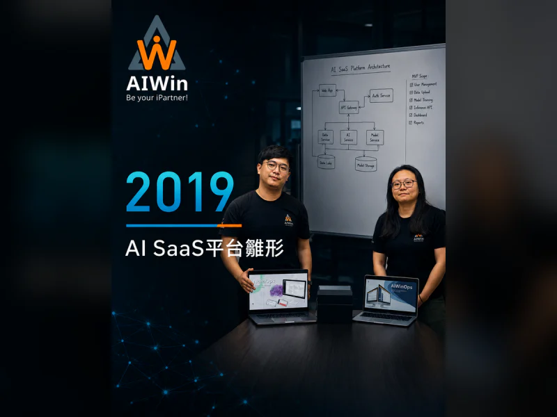 สมาชิกทีมสองคนยืนหน้าไวท์บอร์ดสถาปัตยกรรม AI SaaS โน้ตบุ๊กแสดงหน้าจอ NumOps และ AIWinOps
