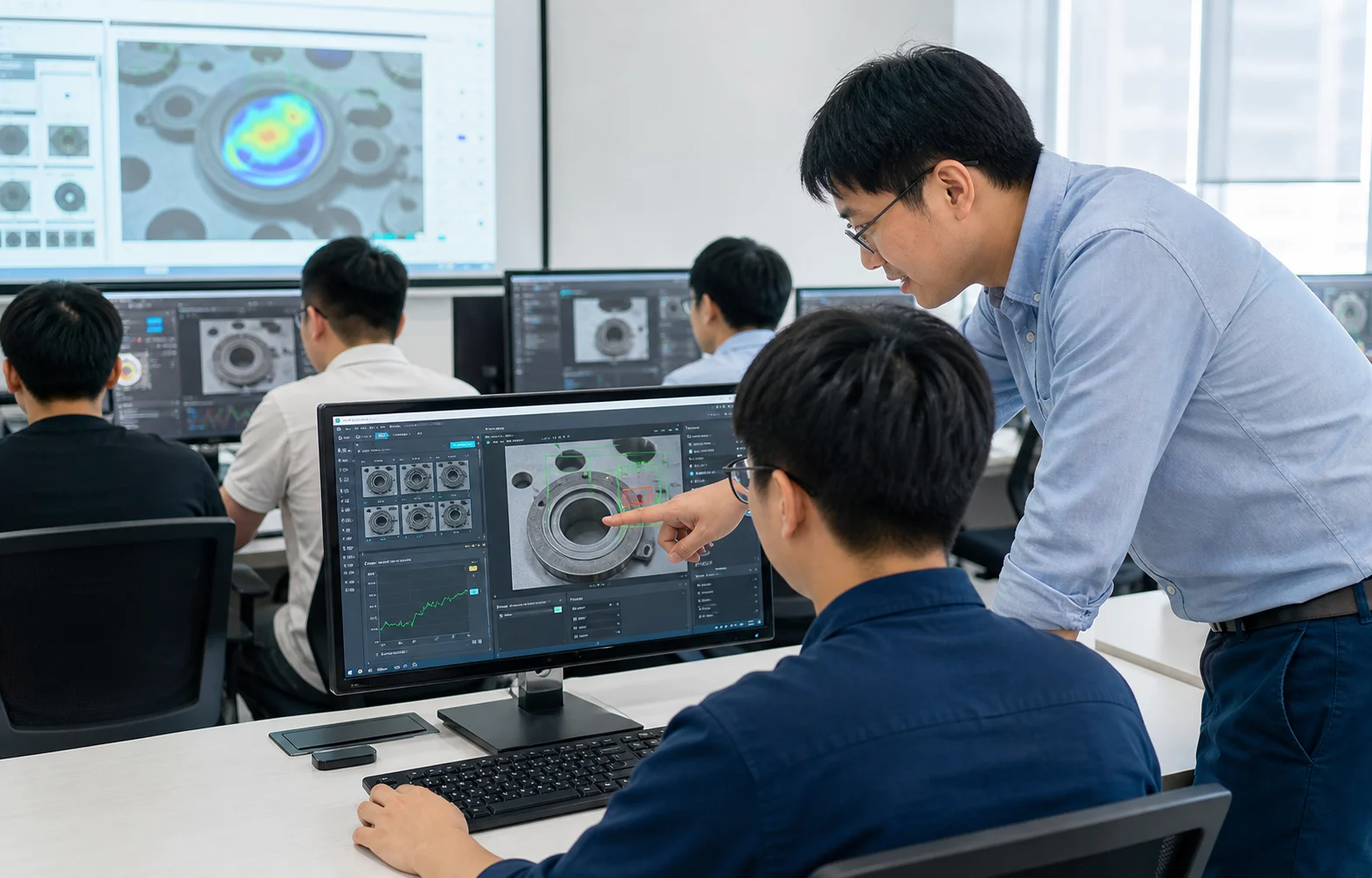 AI 影像辨識與瑕疵檢測實戰班:講師指導學員進行零件瑕疵標註與模型操作