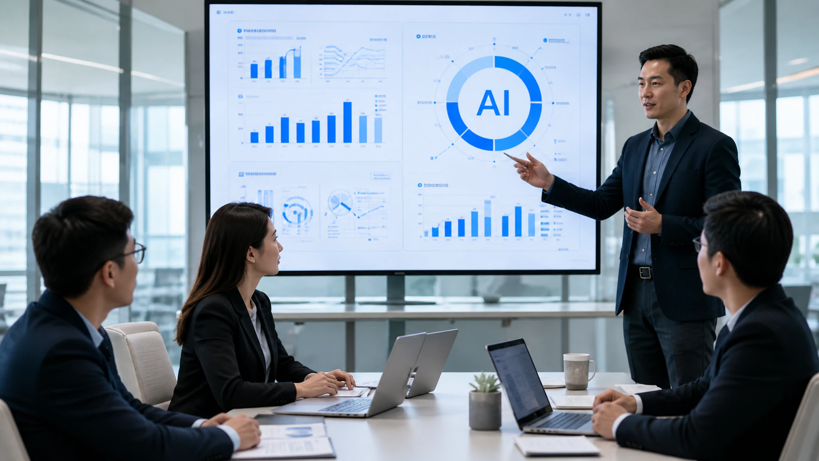 講師向企業主管團隊說明 AI 導入規劃與效益評估