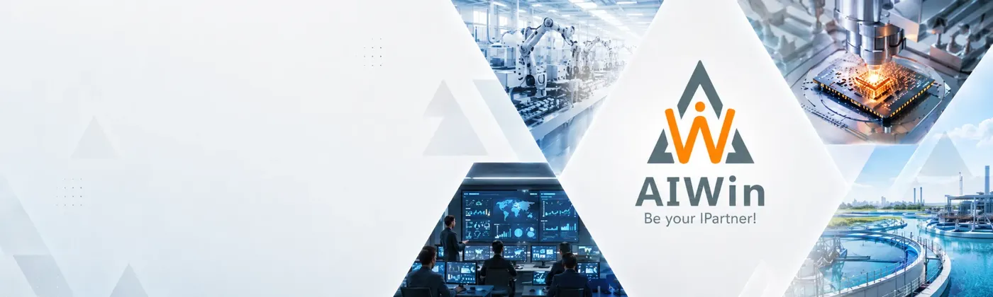 AIWin Technology brand banner featuring smart manufacturing lines, semiconductors, smart water management and other application settings