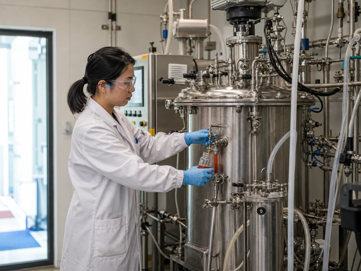 生技廠研究人員在不鏽鋼發酵槽旁取樣檢視