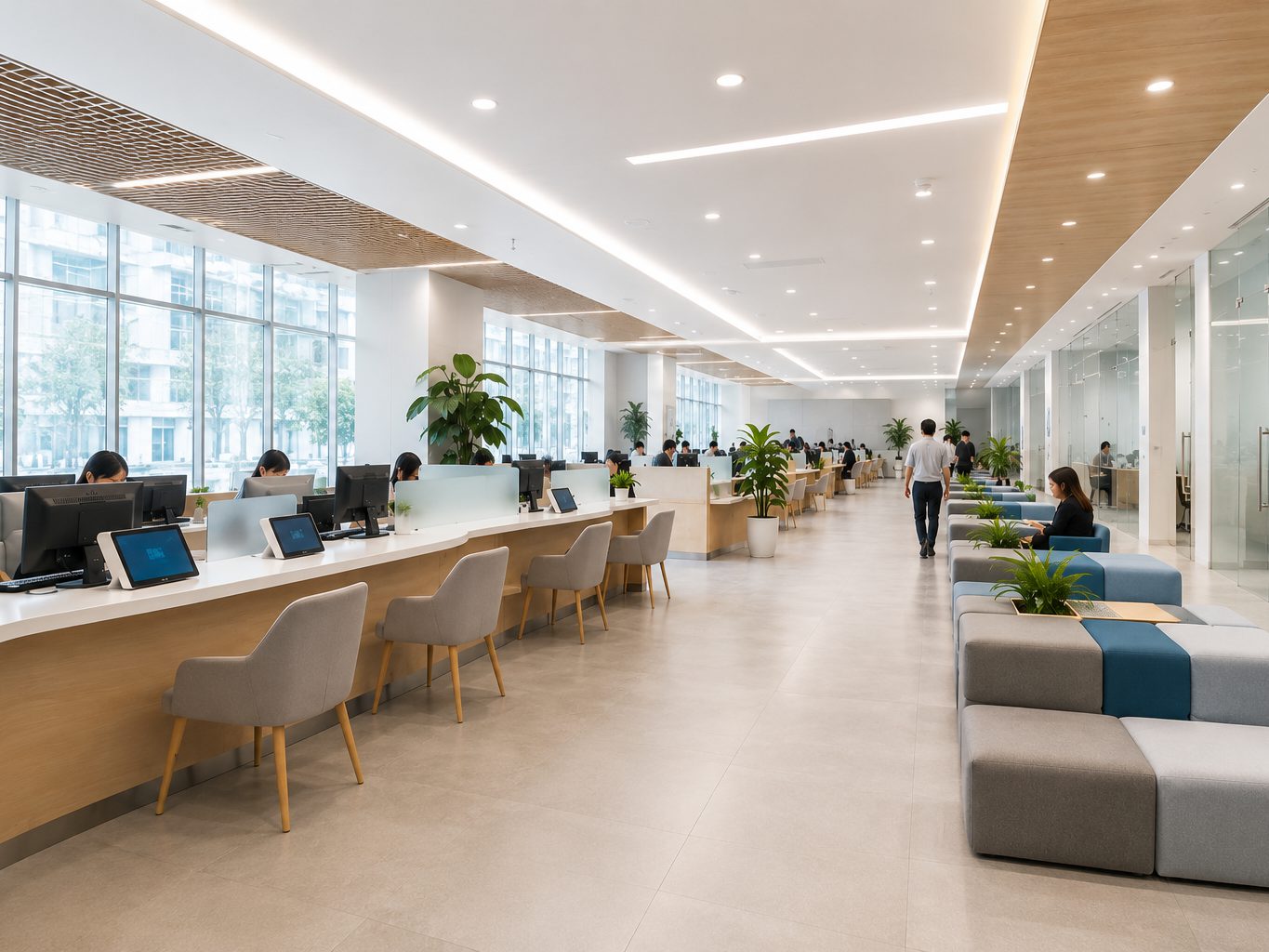 明亮的公家機關服務大廳，臨窗櫃檯有民眾在洽公