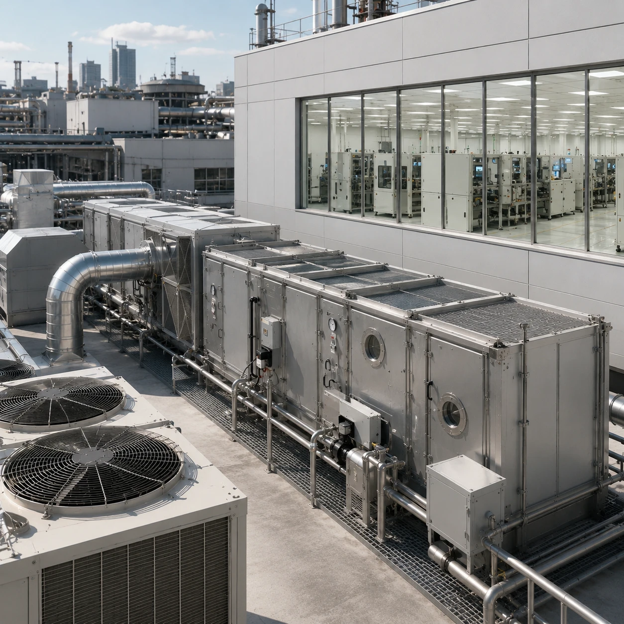 廠房屋頂成排的外氣空調箱與冷卻主機