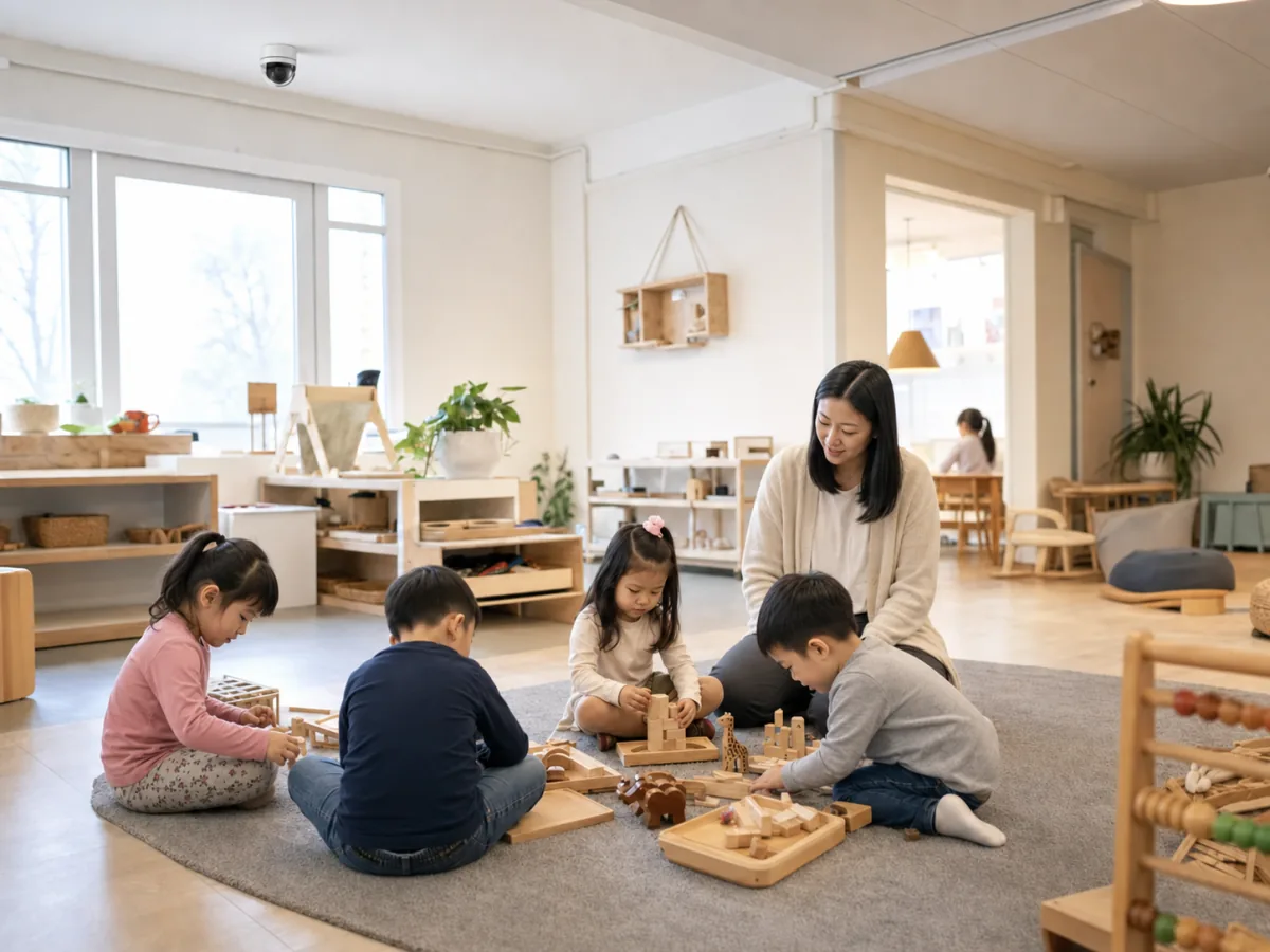 幼兒園教室天花板裝設監視攝影機，老師與孩童在地墊上活動