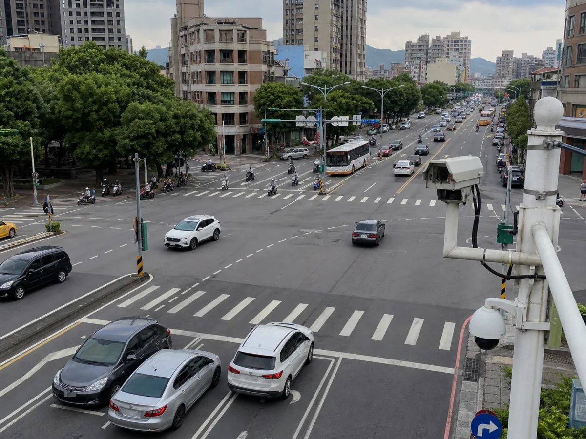 號誌桿上的監視攝影機俯視路口的車流與行人穿越道