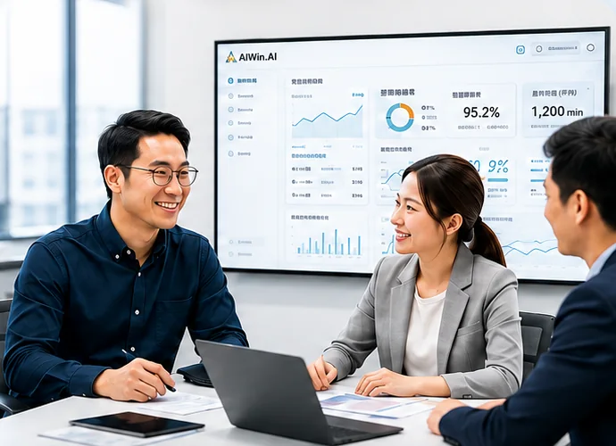 Chuyên viên tư vấn AIWin cùng khách hàng xem bảng điều khiển hiệu quả triển khai AI trên WinHub.AI trong phòng họp